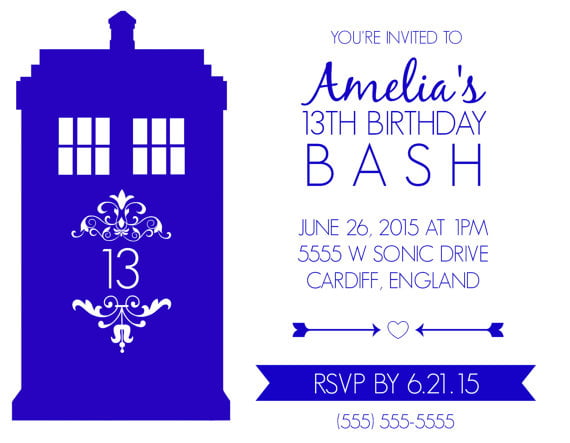white card doctor who birthday party invitations