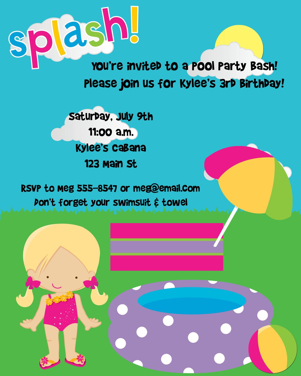 girls first birthday pool party invitations