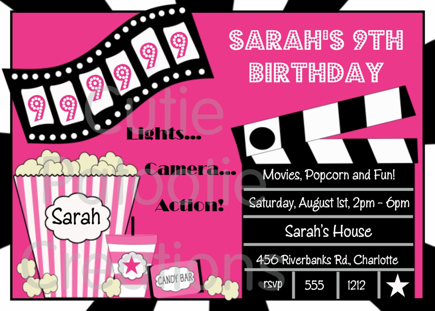 pink movie night birthday party invitations