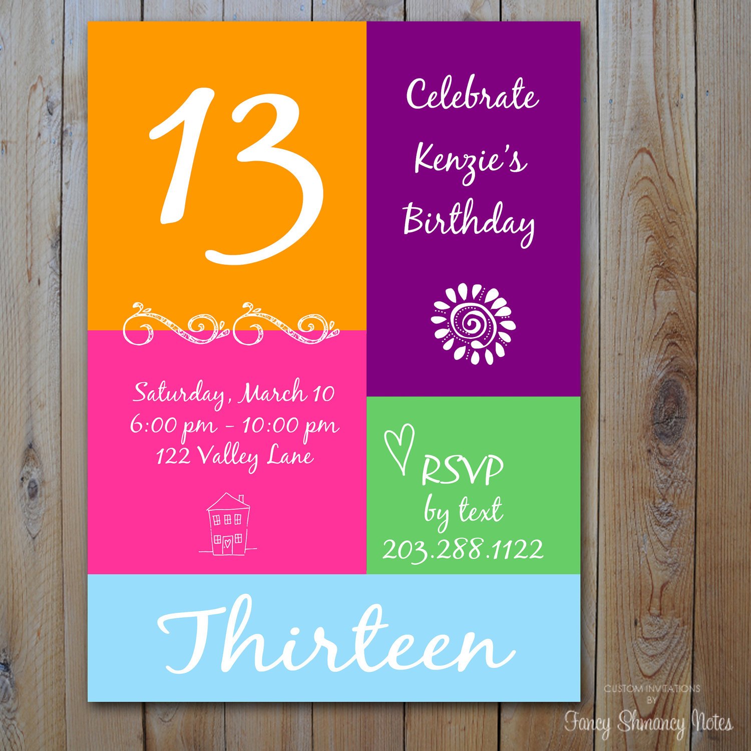 colorful 13 years old birthday party invitations