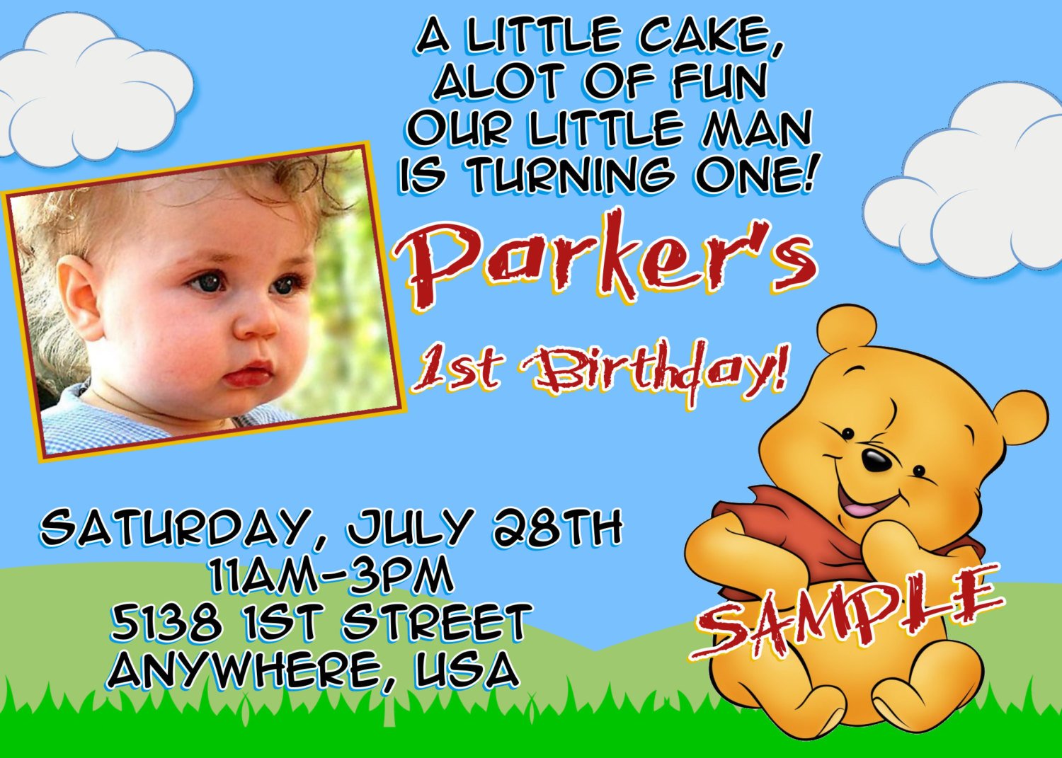 boy winnie the pooh photo birthday invitations