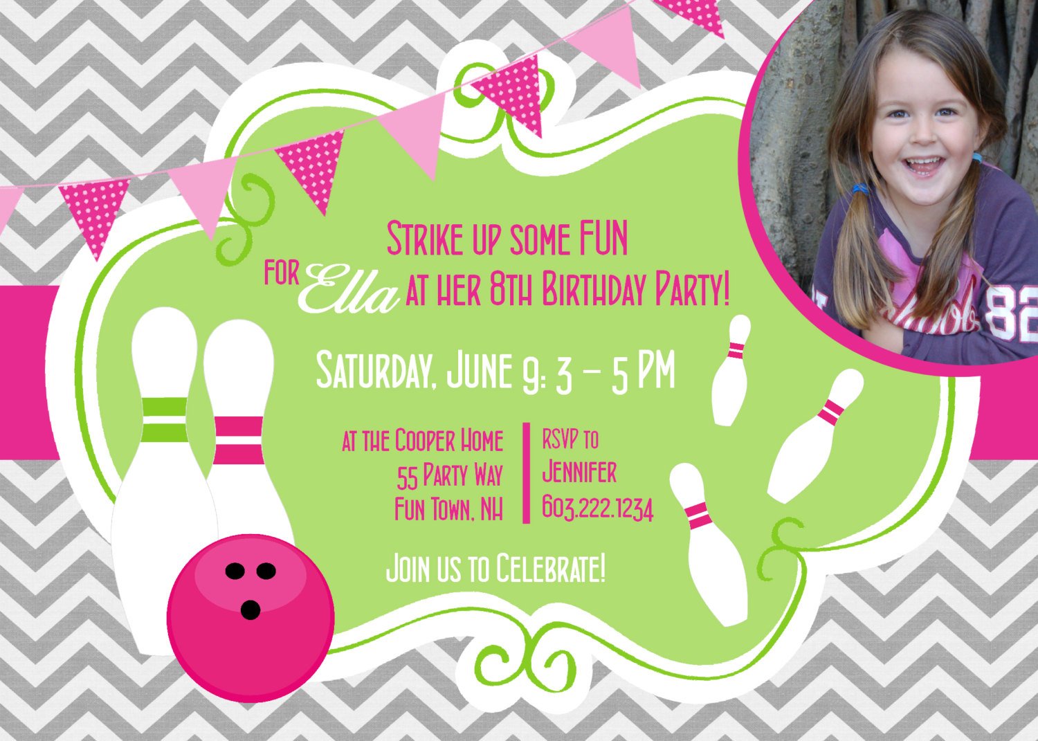 girls free bowling birthday party invitations