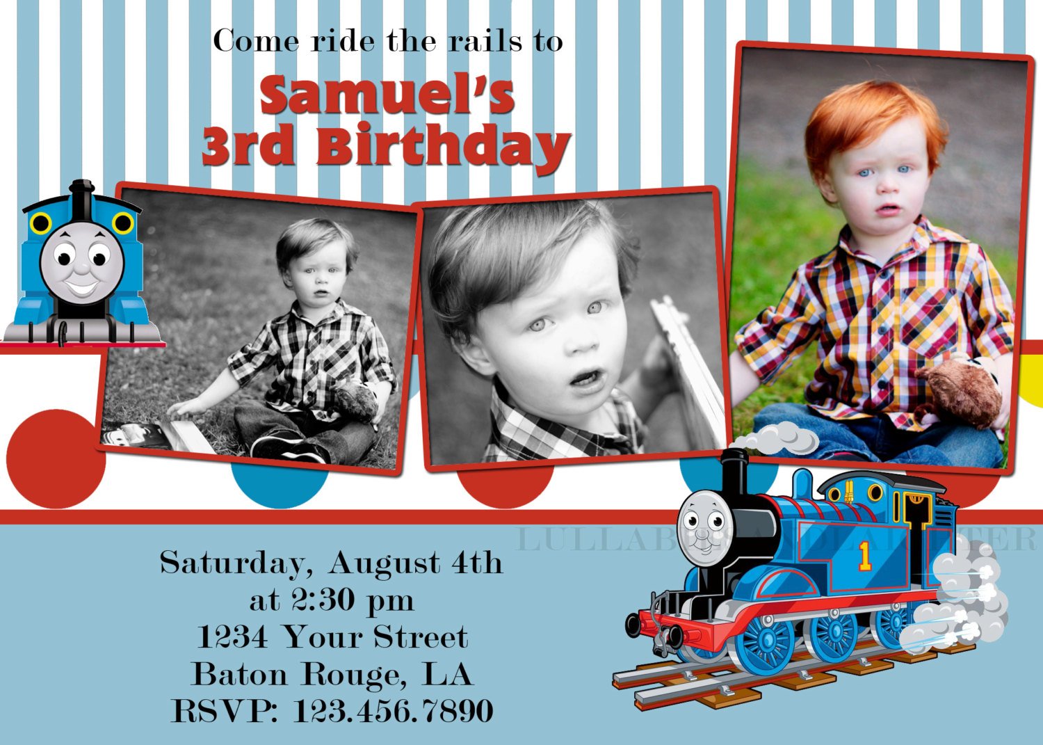 triple thomas the train photo birthday invitations