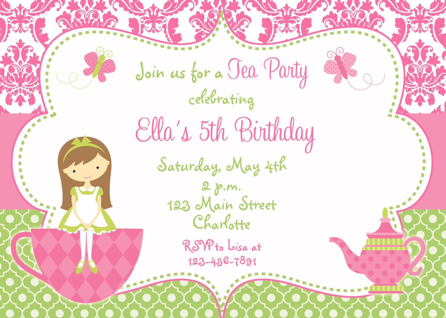 girls princess tea party birthday invitations