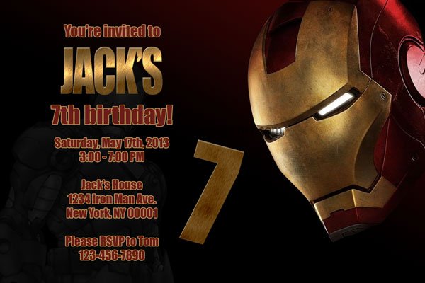 yellow black iron man birthday party invitations