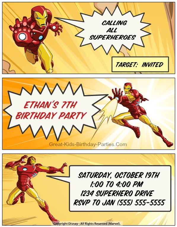 comic iron man birthday party invitations