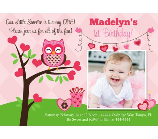 pink owl invitations for first birthday