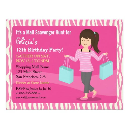 pink shopping mall scavenger hunt birthday party invitations