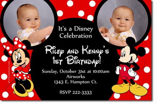 red mickey and minnie twin birthday invitations