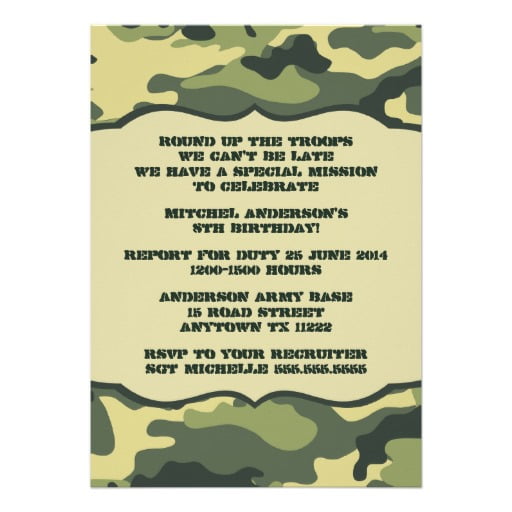 army uniform obstacle course birthday party invitations