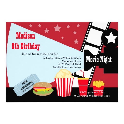 burger movie night birthday party invitations
