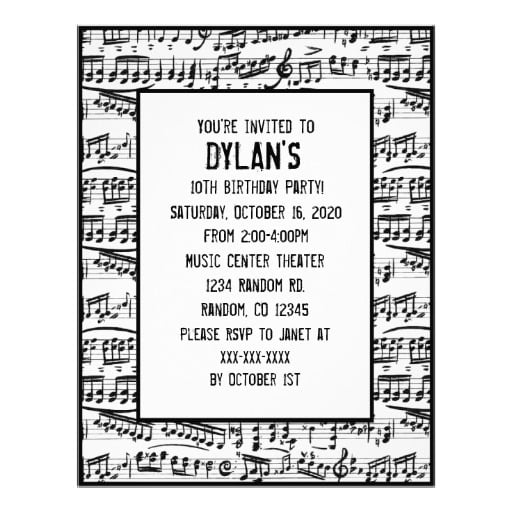 music melodies themed birthday party invitations