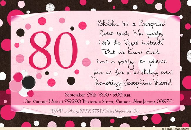 pink polka dots surprise 80th birthday party invitations