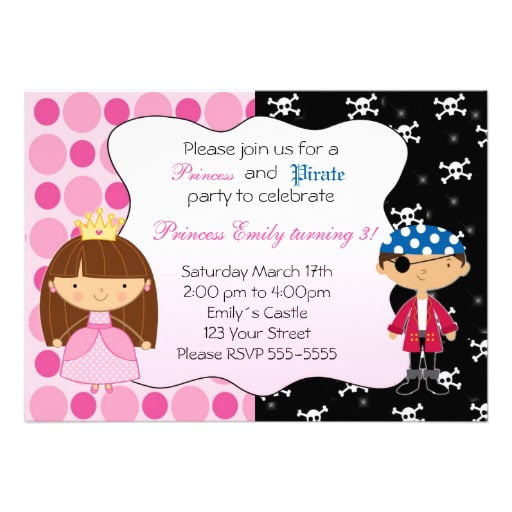 pink black princess and pirate birthday party invitations