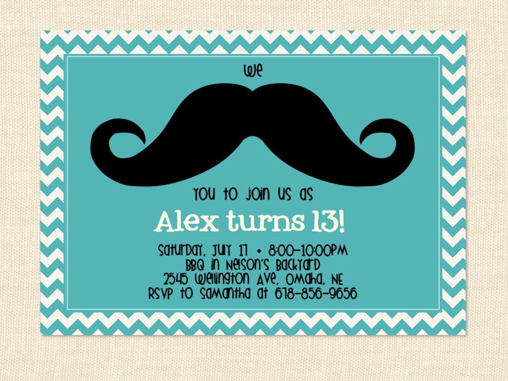 mustache 13 years old birthday party invitations