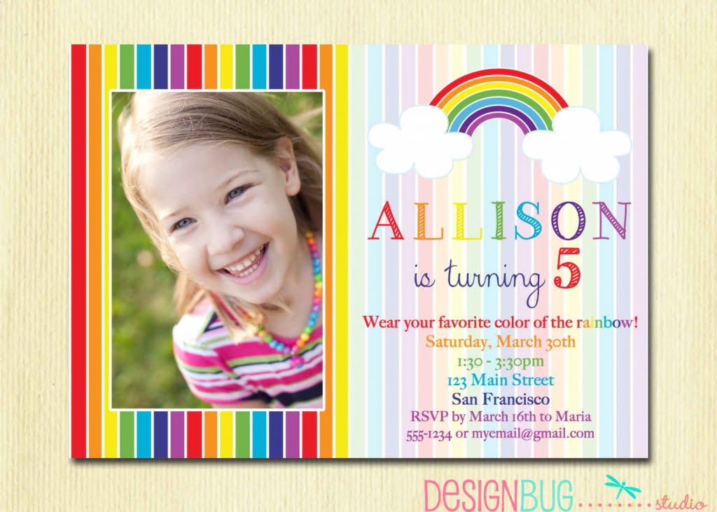 rainbow 5 years old birthday party invitations wording