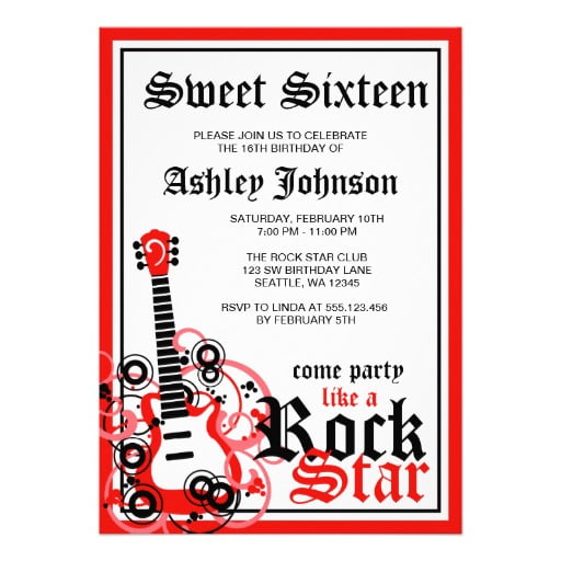 rock star birthday party invitations red