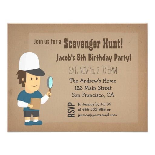 boys scavenger hunt birthday party invitations