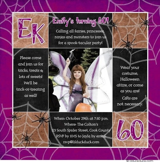 purple spiders birthday party invitations free printable