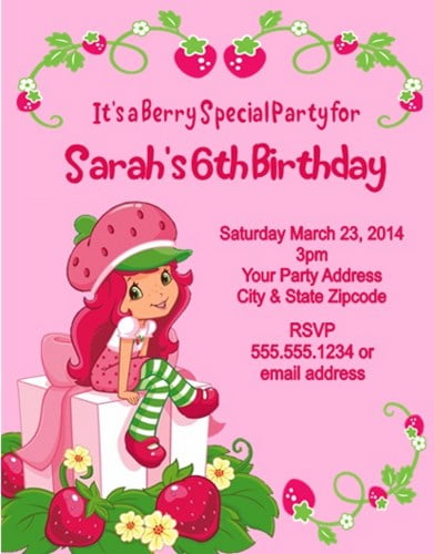 pink strawberry shortcake personalized birthday invitations
