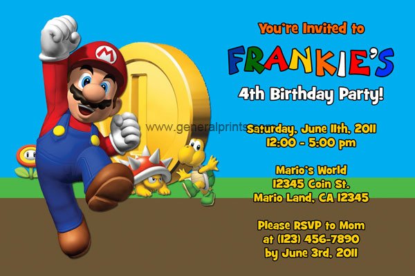 coin super mario bros birthday party invitations