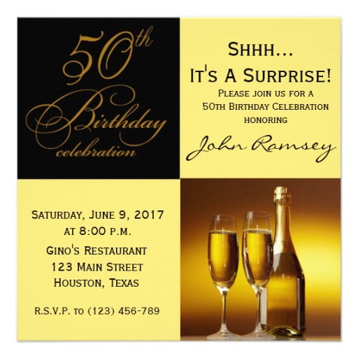 champagne 50th surprise birthday party invitations