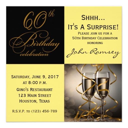 gold 60th surprise birthday party invitations