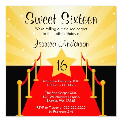 red carpet sweet 16 birthday invitations wording