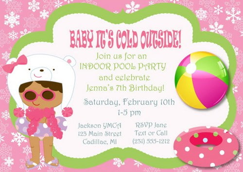 winter first birthday pool party invitations