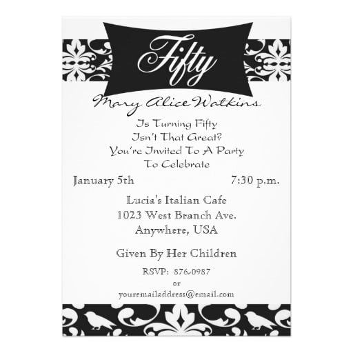 black white invitations for a 50th birthday party