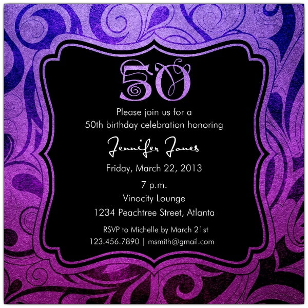 purple invitations for a 50th birthday party