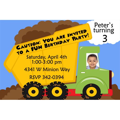 funny dump truck birthday party invitations