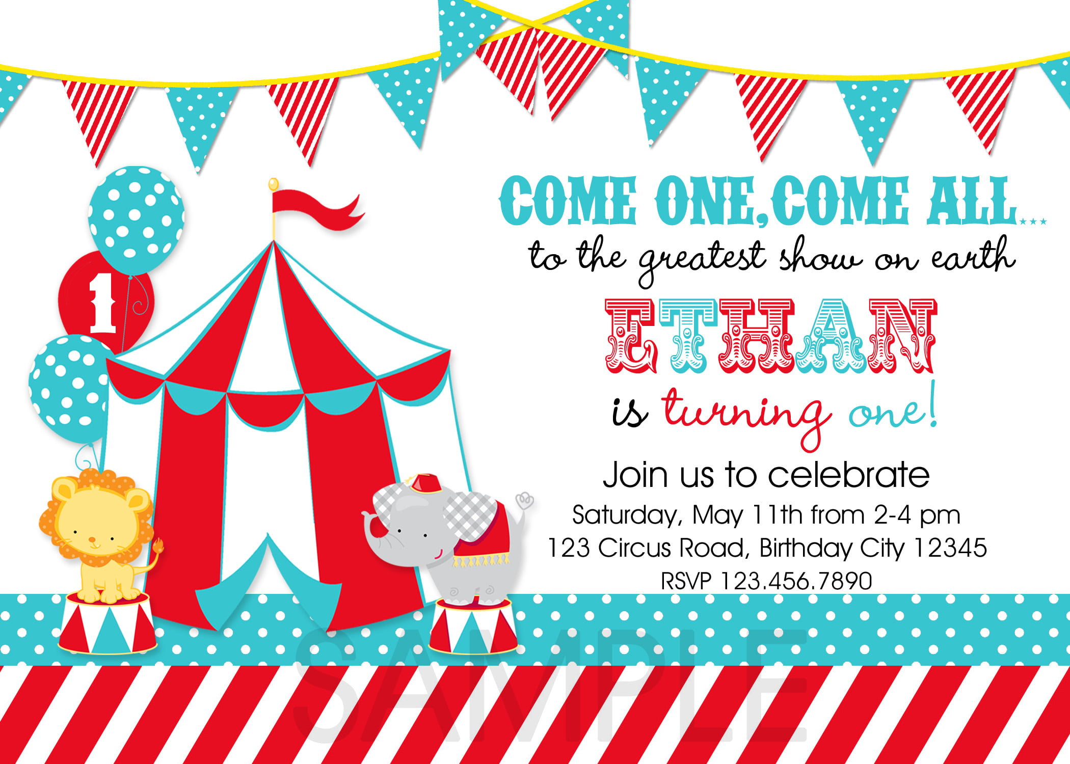 tend circus themed birthday party invitations