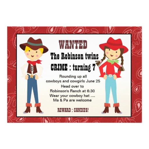 cowboy and cowgirl boy girl twin birthday invitations