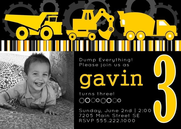 black and white dump truck birthday party invitations