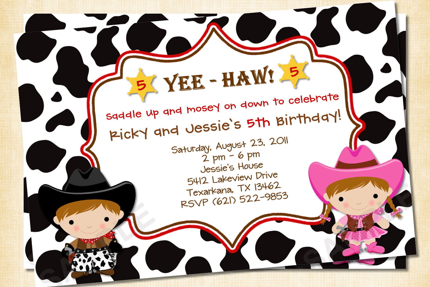 cow boy girl twin birthday invitations