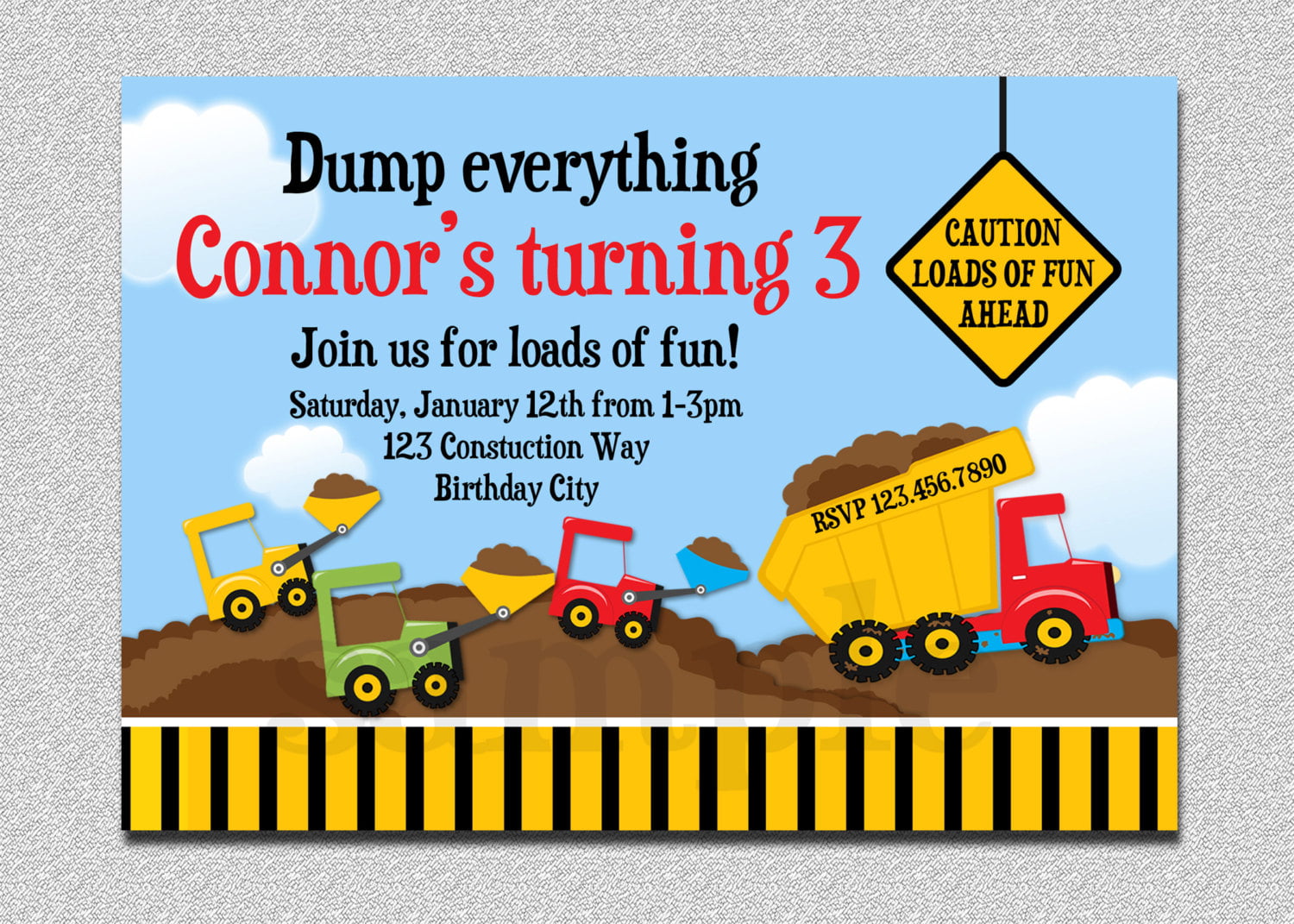 constructions dump truck birthday party invitations
