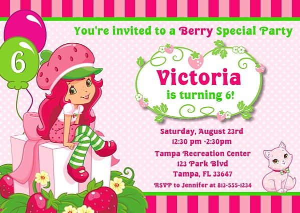 pink green strawberry shortcake birthday party invitations