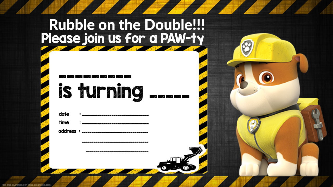 Free Printable Rubble Paw Patrol Invitation Template Download