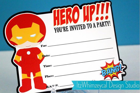 Classic Iron Boy Superhero Fill In The Blank Birthday Invitation