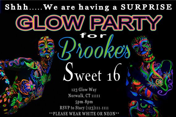 Glow In The Dark Sweet 16th Birthday Invitations