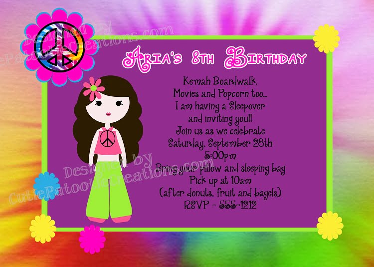 girly hippie tie dye birthday party invitations