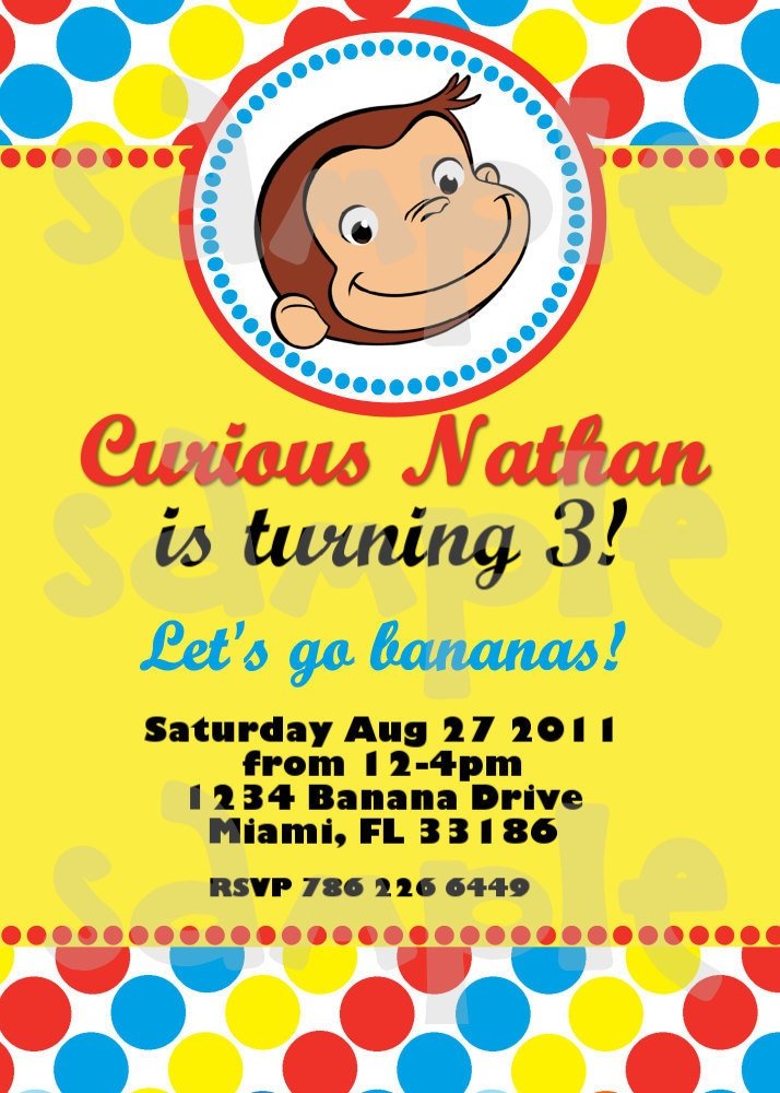 colorful curious george personalized birthday invitations