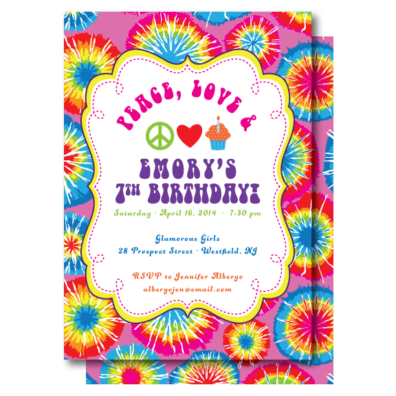 colorful tie dye birthday party invitations