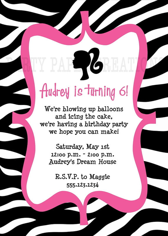 barbie free printable zebra printed birthday invitations