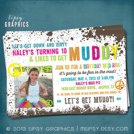 mud obstacle course birthday party invitations