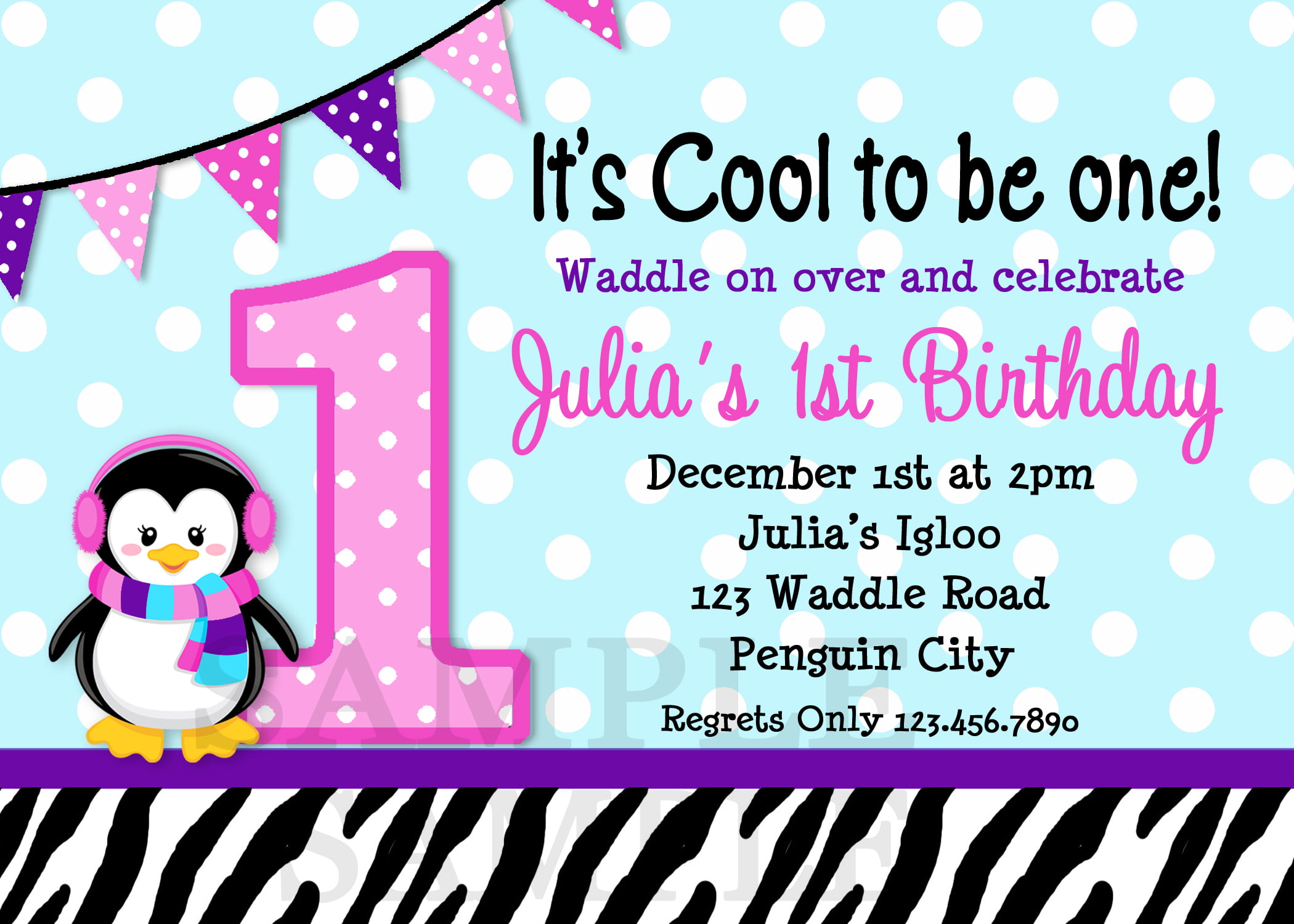penguins 1st birthday invitations for girls