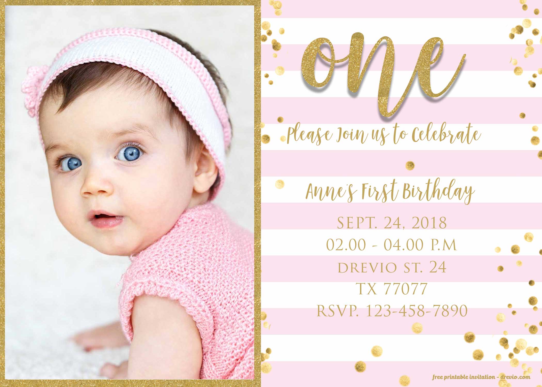 FREE 1st Birthday Invitation Pink and Gold glitter Template FREE