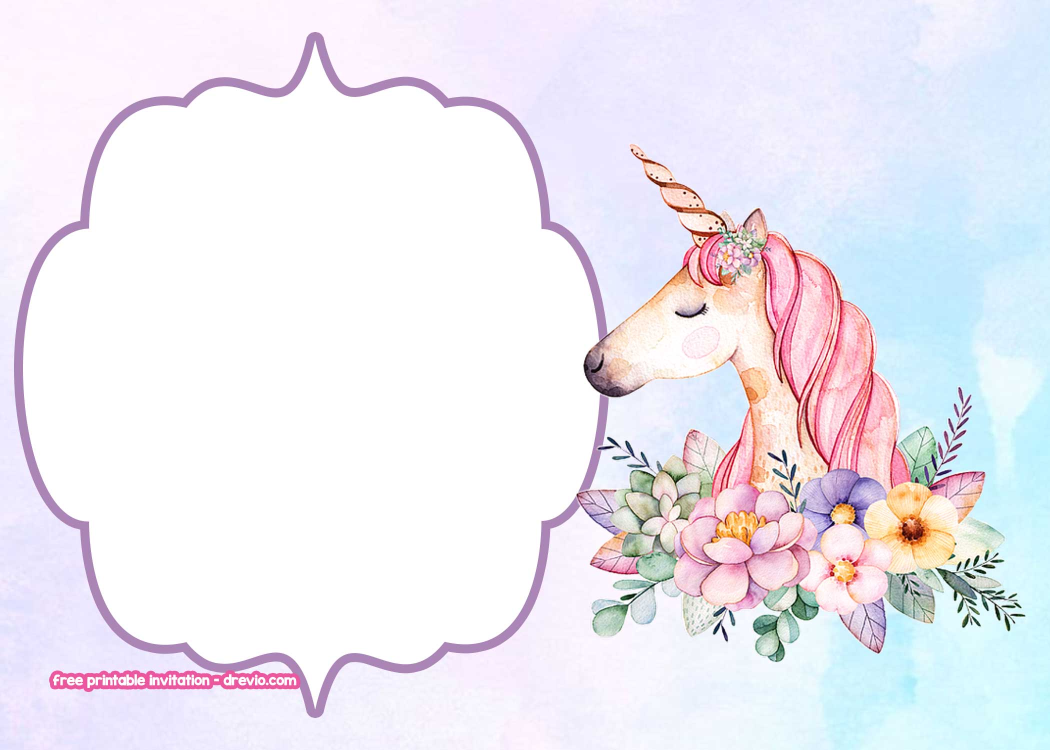 FREE Unicorn Invitation Templates Pastel and Flower Background