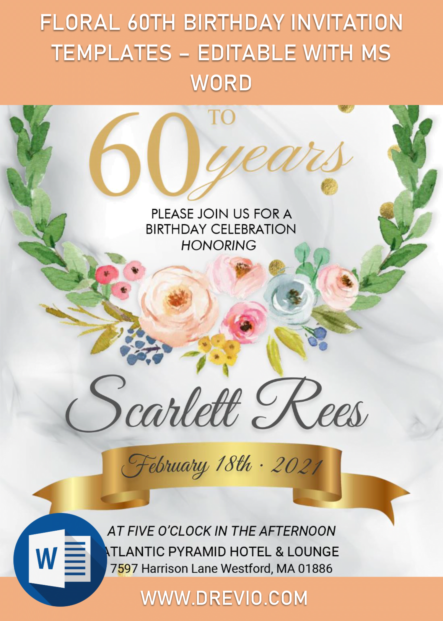 Floral 60th Birthday Invitation Templates Editable With MS Word Download Hundreds FREE